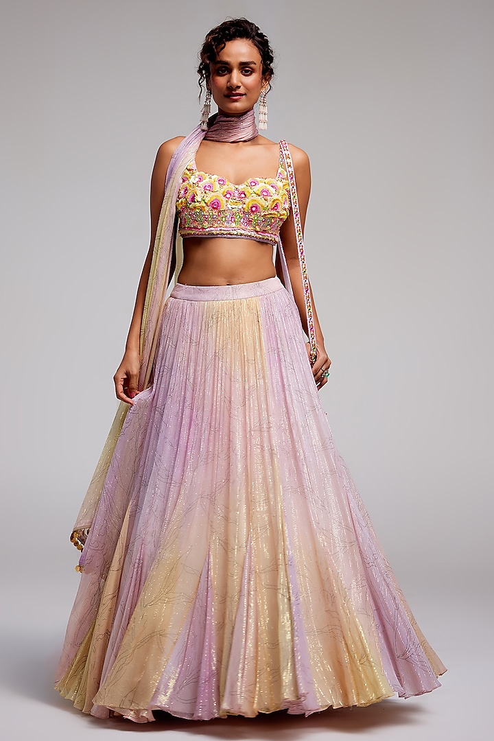 Lilac & Yellow Shimmer Chiffon Hand Embroidered Ombre Wedding Lehenga Set by Monika Nidhee at Pernia's Pop Up Shop