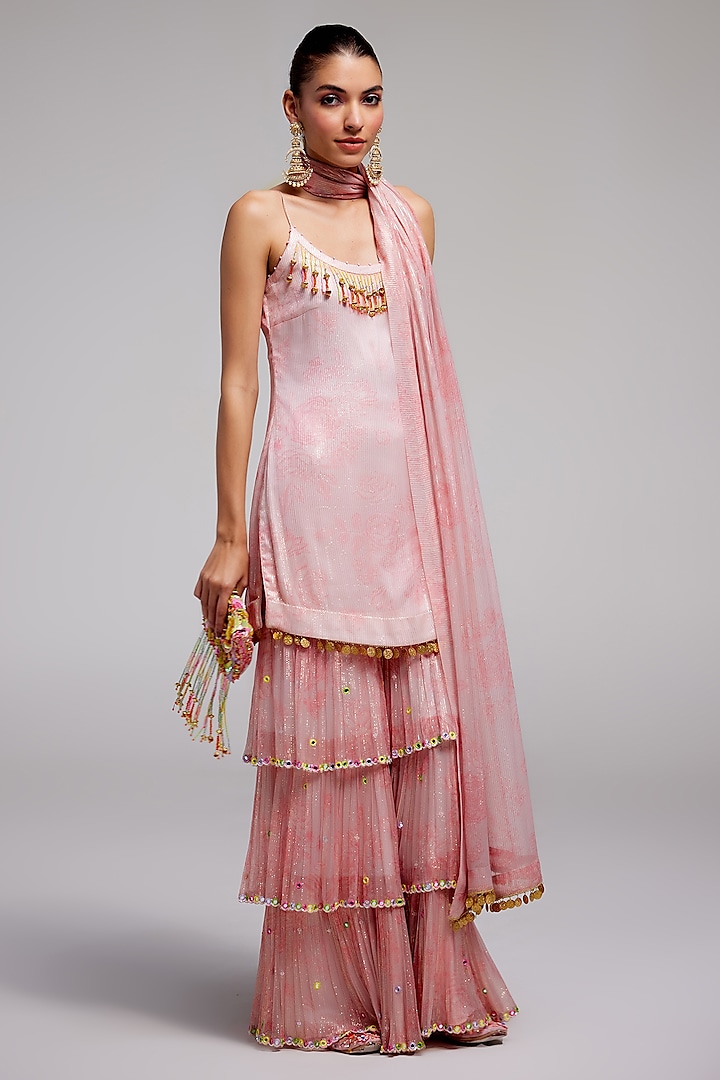 Pink Shimmer Chiffon Sharara Set by Monika Nidhee at Pernia's Pop Up Shop