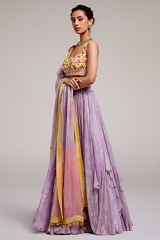 Sundown Orange Shimmer Chiffon Lehenga Set by Monika Nidhee