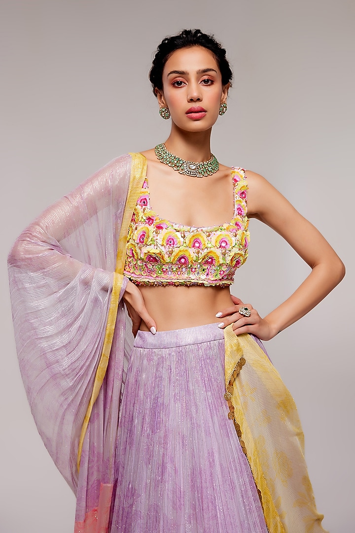 Sundown Orange Shimmer Chiffon Wedding Lehenga Set by Monika Nidhee at Pernia's Pop Up Shop