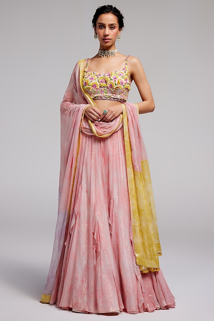 Multi-Colored Shimmer Chiffon Wedding Lehenga Set by Monika Nidhee at Pernia's Pop Up Shop