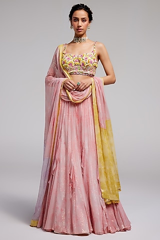 Multi-Colored Shimmer Chiffon Lehenga Set by Monika Nidhee