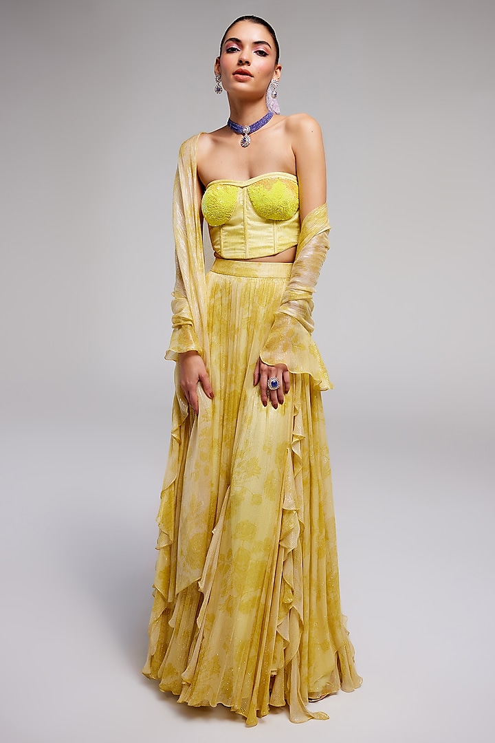 Yellow Shimmer Chiffon Sharara Set by Monika Nidhee at Pernia's Pop Up Shop