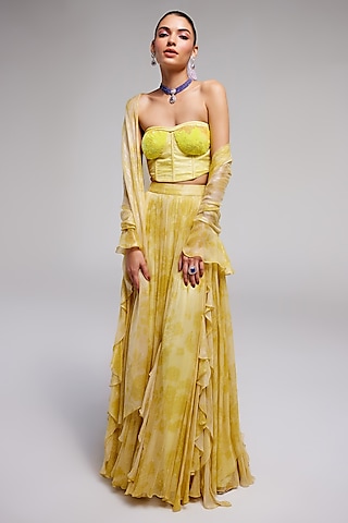 Yellow Shimmer Chiffon Sharara Set by Monika Nidhee