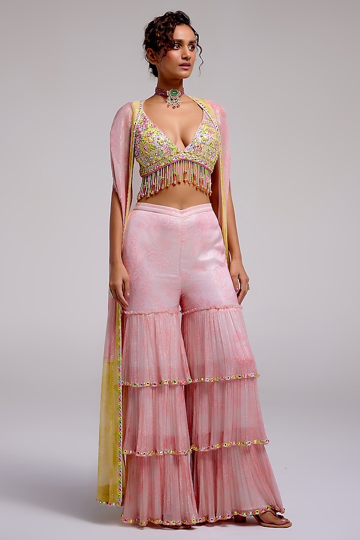 Multi-Colored Shimmer Chiffon Hand Embroidered Sharara Set by Monika Nidhee at Pernia's Pop Up Shop