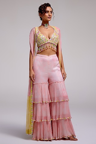 Multi-Colored Shimmer Chiffon Hand Embroidered Sharara Set by Monika Nidhee