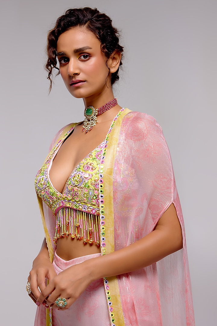 Multi-Colored Shimmer Chiffon Hand Embroidered Bridal Sharara Set by Monika Nidhee at Pernia's Pop Up Shop