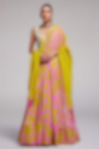 Pop Pink & Yellow Shimmer Chiffon Applique Hand Embroidered Wedding Lehenga Set by Monika Nidhee at Pernia's Pop Up Shop