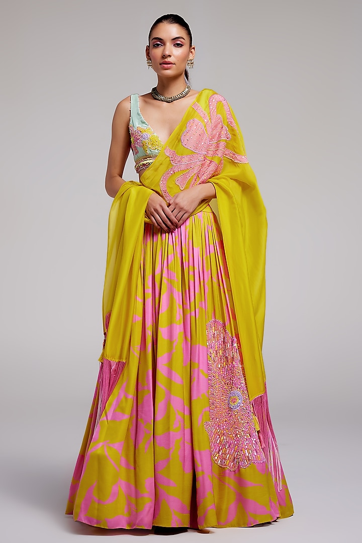 Pop Pink & Yellow Shimmer Chiffon Applique Hand Embroidered Wedding Lehenga Set by Monika Nidhee at Pernia's Pop Up Shop