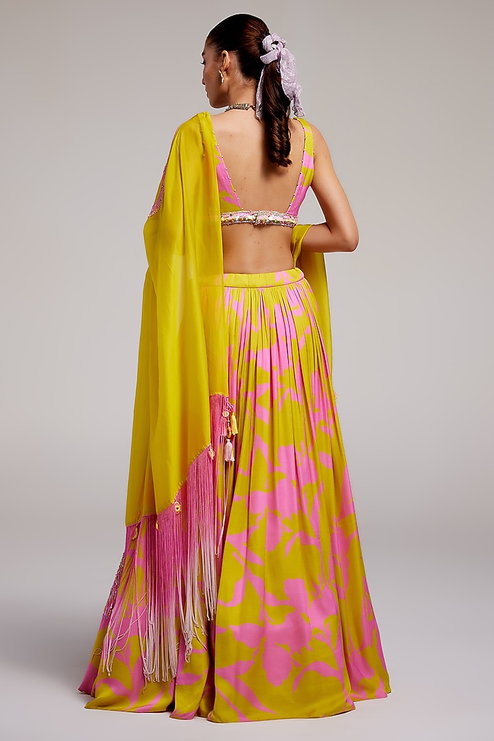 Pop Pink & Yellow Shimmer Chiffon Applique Hand Embroidered Wedding Lehenga Set by Monika Nidhee at Pernia's Pop Up Shop