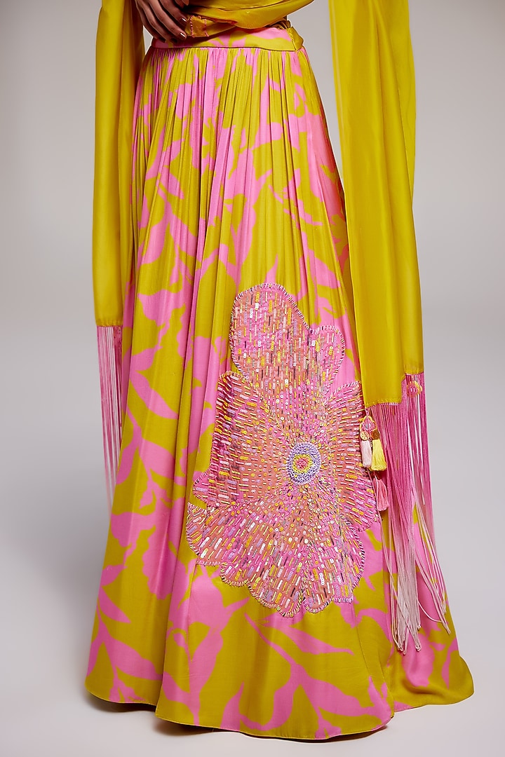Pop Pink & Yellow Shimmer Chiffon Applique Hand Embroidered Wedding Lehenga Set by Monika Nidhee at Pernia's Pop Up Shop