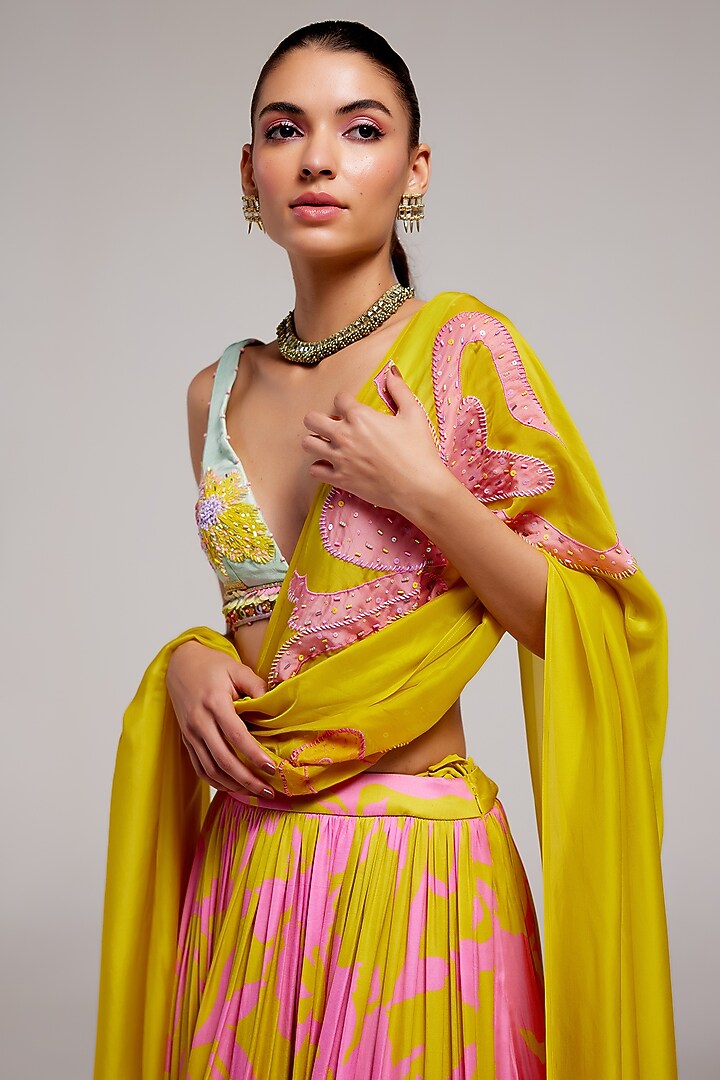 Pop Pink & Yellow Shimmer Chiffon Applique Hand Embroidered Wedding Lehenga Set by Monika Nidhee at Pernia's Pop Up Shop