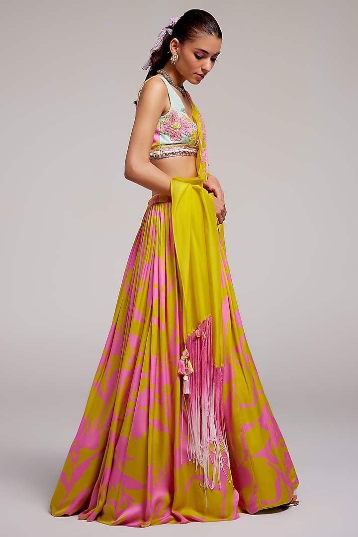Pop Pink & Yellow Shimmer Chiffon Applique Hand Embroidered Wedding Lehenga Set by Monika Nidhee at Pernia's Pop Up Shop