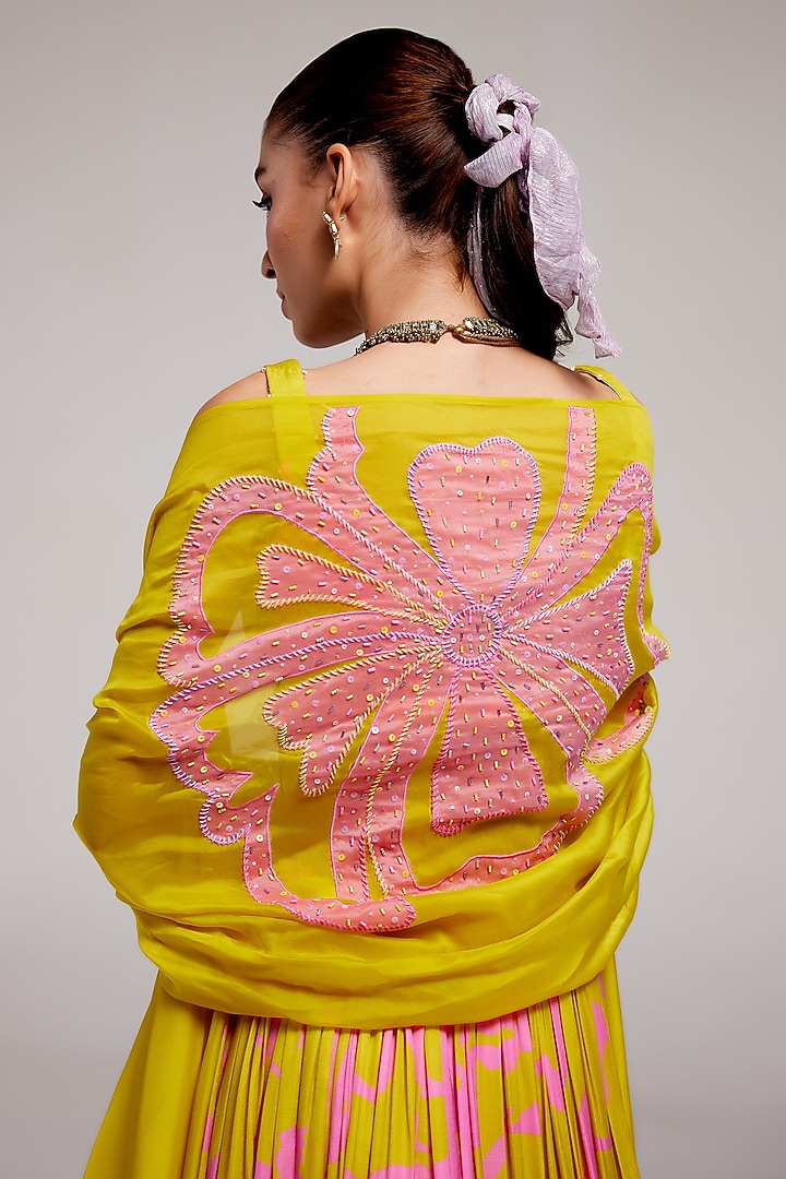 Pop Pink & Yellow Shimmer Chiffon Applique Hand Embroidered Wedding Lehenga Set by Monika Nidhee at Pernia's Pop Up Shop