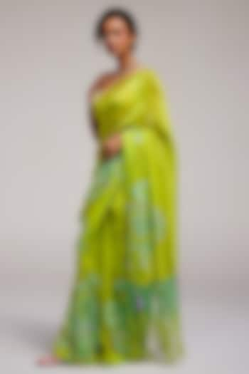 Green Shimmer Chiffon Applique Hand Embroidered Saree Set by Monika Nidhee at Pernia's Pop Up Shop