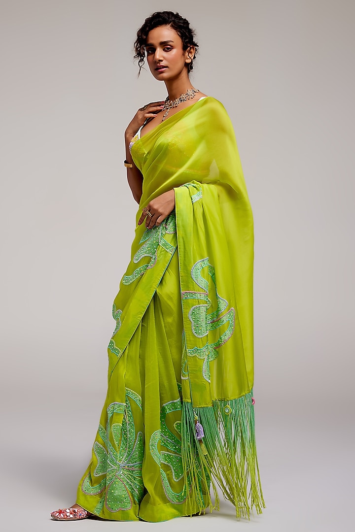 Green Shimmer Chiffon Applique Hand Embroidered Saree Set by Monika Nidhee at Pernia's Pop Up Shop