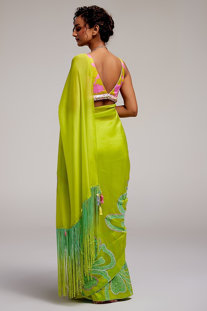 Green Shimmer Chiffon Applique Hand Embroidered Reception Saree Set by Monika Nidhee at Pernia's Pop Up Shop