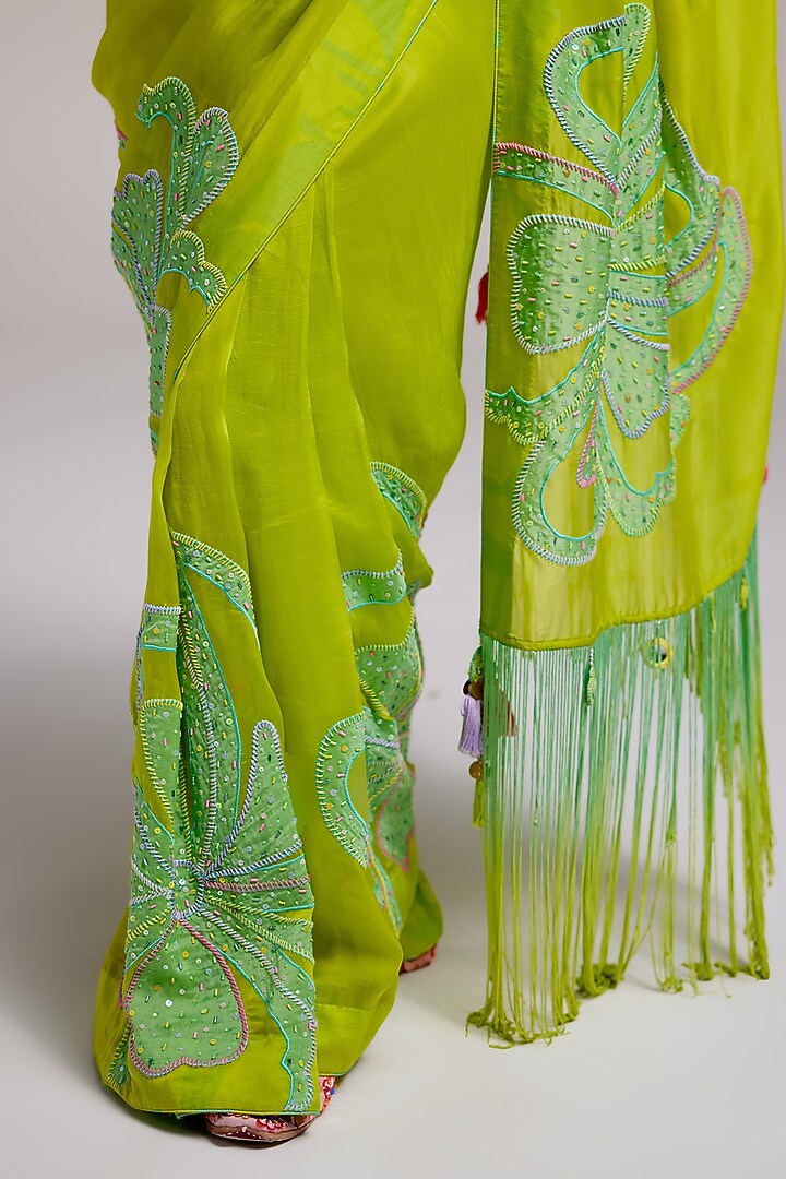 Green Shimmer Chiffon Applique Hand Embroidered Reception Saree Set by Monika Nidhee at Pernia's Pop Up Shop