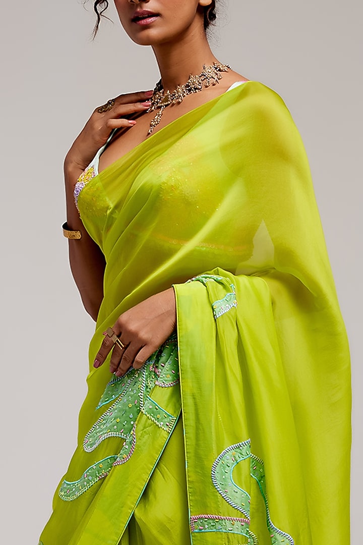 Green Shimmer Chiffon Applique Hand Embroidered Reception Saree Set by Monika Nidhee at Pernia's Pop Up Shop