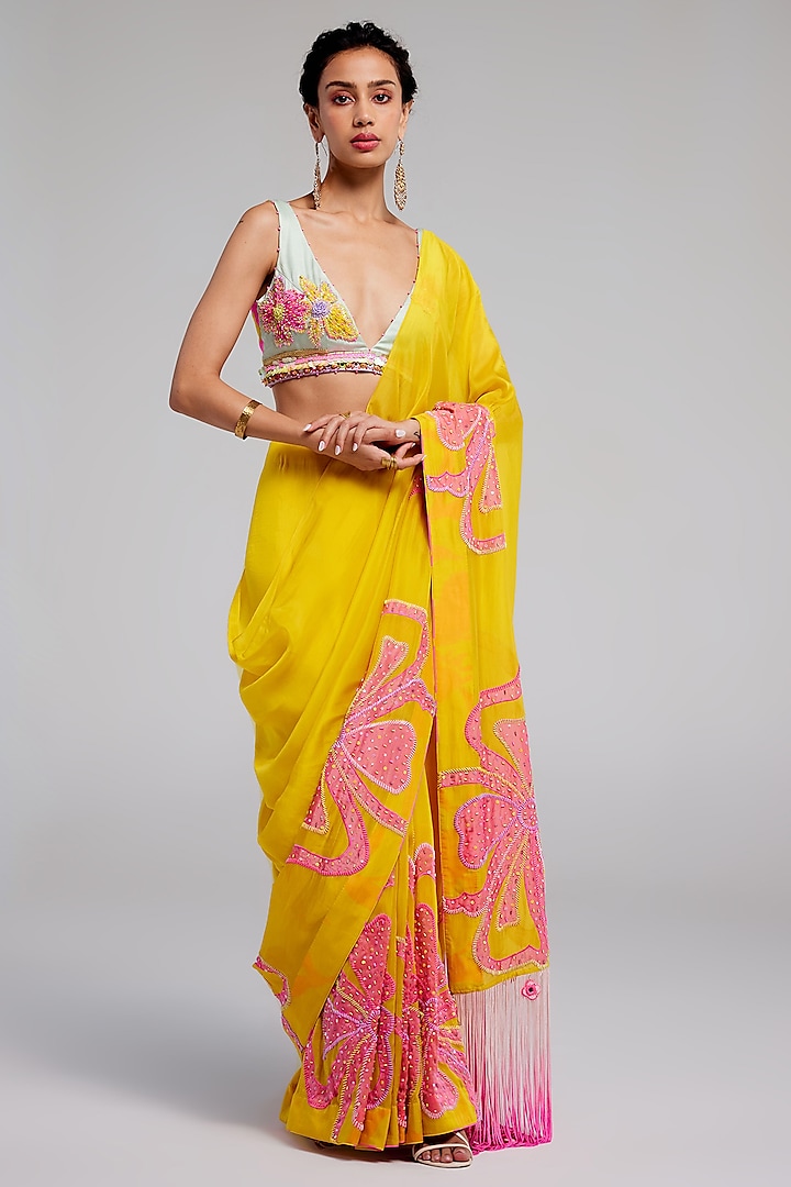 Sunvillea Cream Shimmer Chiffon Applique Hand Embroidered Saree Set by Monika Nidhee at Pernia's Pop Up Shop