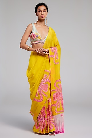 Sunvillea Cream Shimmer Chiffon Applique Hand Embroidered Saree Set by Monika Nidhee
