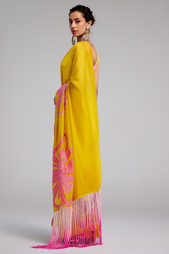 Sunvillea Cream Shimmer Chiffon Applique Hand Embroidered Reception Saree Set by Monika Nidhee at Pernia's Pop Up Shop