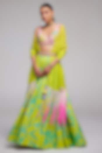 Pop Green & Blue Shimmer Chiffon Applique Hand Embroidered Wedding Lehenga Set by Monika Nidhee at Pernia's Pop Up Shop