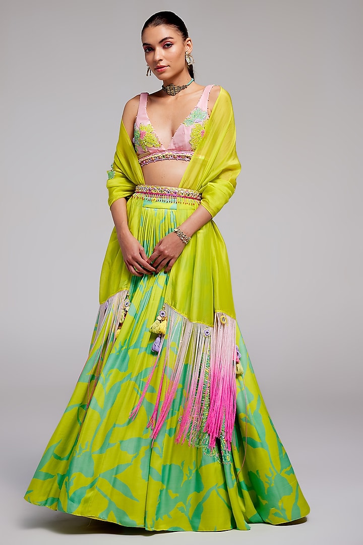 Pop Green & Blue Shimmer Chiffon Applique Hand Embroidered Wedding Lehenga Set by Monika Nidhee at Pernia's Pop Up Shop