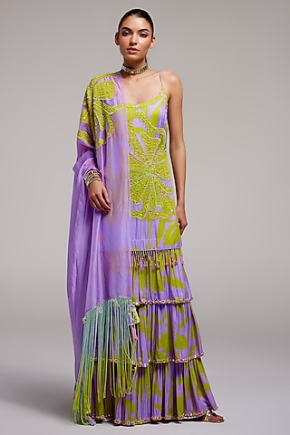 Lilac Satin Silk Applique Hand Embroidered Sharara Set by Monika Nidhee