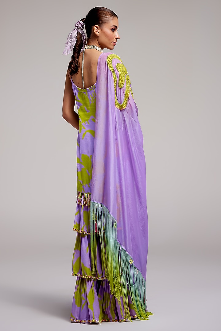 Lilac Satin Silk Applique Hand Embroidered Bridal Sharara Set by Monika Nidhee at Pernia's Pop Up Shop