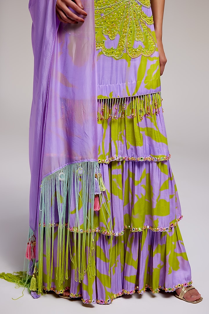 Lilac Satin Silk Applique Hand Embroidered Bridal Sharara Set by Monika Nidhee at Pernia's Pop Up Shop