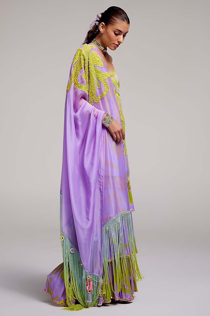 Lilac Satin Silk Applique Hand Embroidered Bridal Sharara Set by Monika Nidhee at Pernia's Pop Up Shop