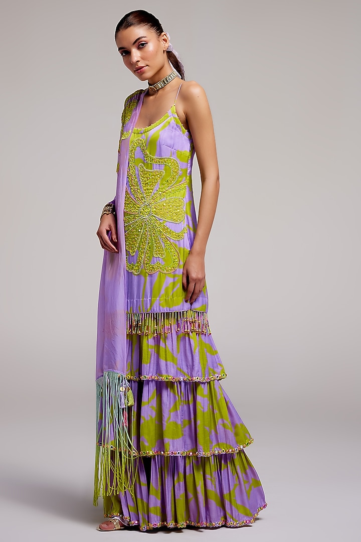 Lilac Satin Silk Applique Hand Embroidered Bridal Sharara Set by Monika Nidhee at Pernia's Pop Up Shop
