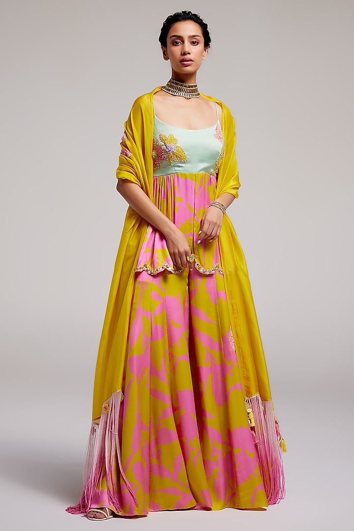 Yellow & Pink Satin Silk Applique Hand Embroidered Kali Sharara Set by Monika Nidhee at Pernia's Pop Up Shop