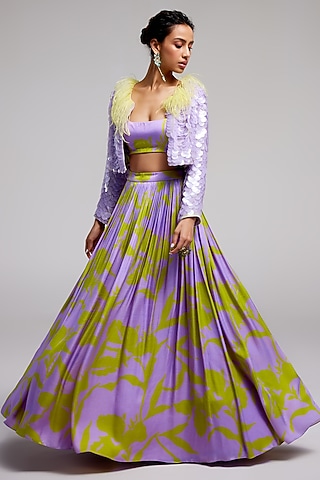 Lilac Shimmer Chiffon Sequins Hand Embroidered Jacket Lehenga Set by Monika Nidhee