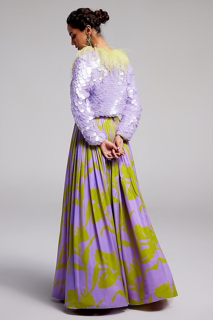 Lilac Shimmer Chiffon Sequins Hand Embroidered Jacket Wedding Lehenga Set by Monika Nidhee at Pernia's Pop Up Shop