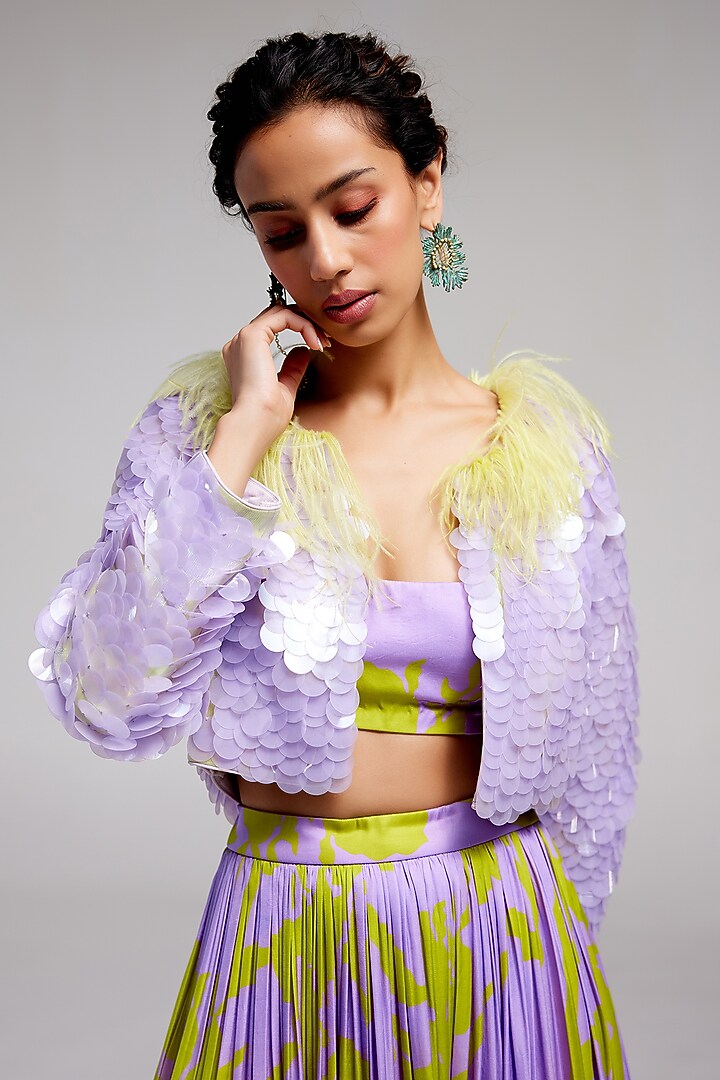 Lilac Shimmer Chiffon Sequins Hand Embroidered Jacket Wedding Lehenga Set by Monika Nidhee at Pernia's Pop Up Shop