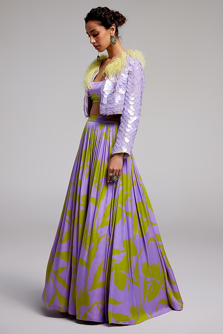 Lilac Shimmer Chiffon Sequins Hand Embroidered Jacket Wedding Lehenga Set by Monika Nidhee at Pernia's Pop Up Shop