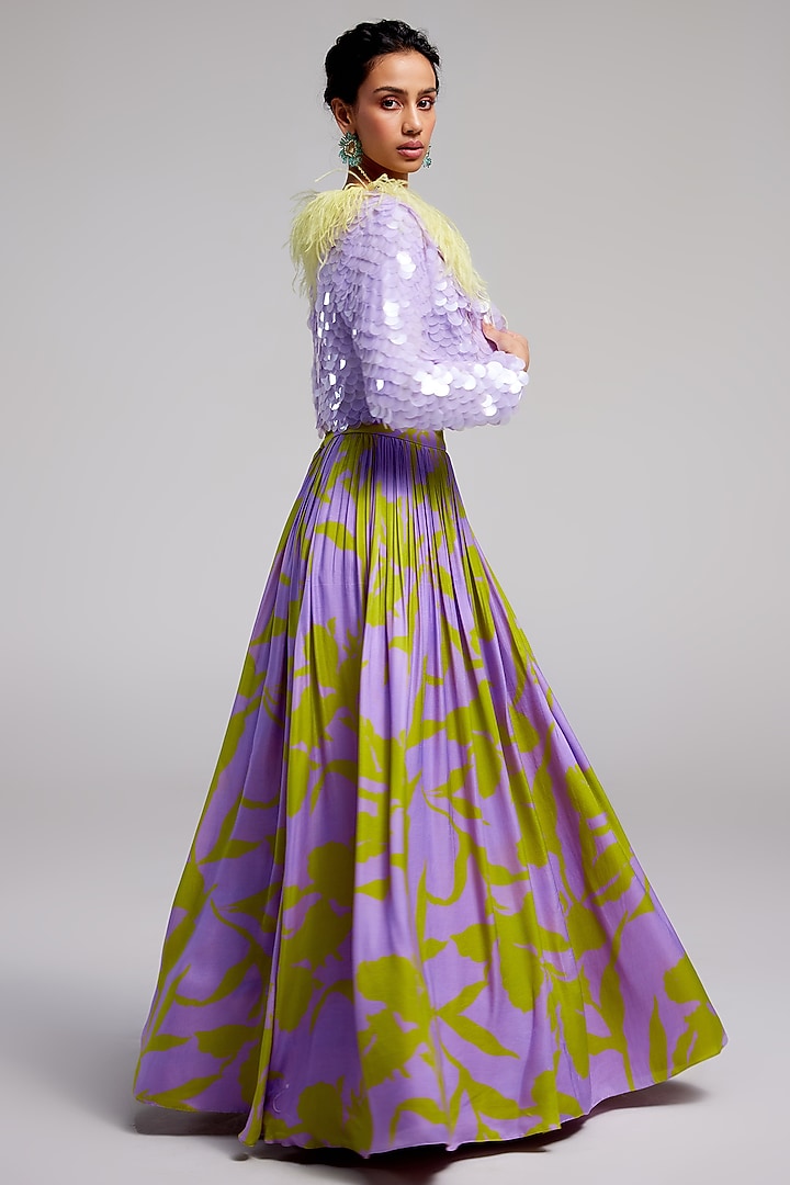 Lilac Shimmer Chiffon Sequins Hand Embroidered Jacket Wedding Lehenga Set by Monika Nidhee at Pernia's Pop Up Shop