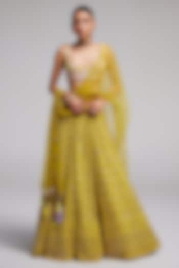 Yellow Georgette Chikankari Embroidered Bridal Lehenga Set by Monika Nidhee at Pernia's Pop Up Shop