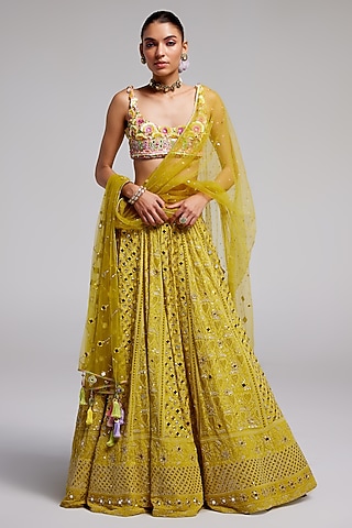 Yellow Georgette Chikankari Embroidered Lehenga Set by Monika Nidhee