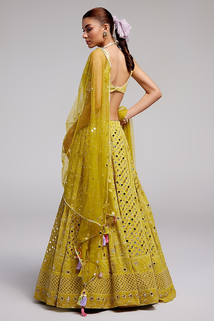 Yellow Georgette Chikankari Embroidered Bridal Lehenga Set by Monika Nidhee at Pernia's Pop Up Shop