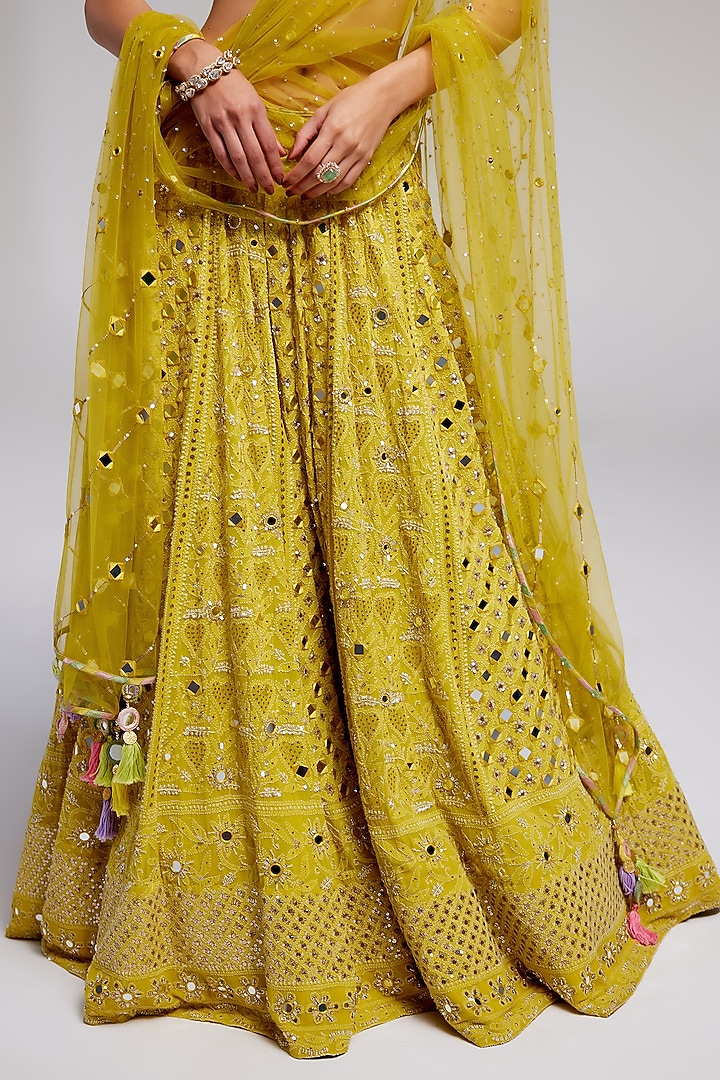 Yellow Georgette Chikankari Embroidered Bridal Lehenga Set by Monika Nidhee at Pernia's Pop Up Shop
