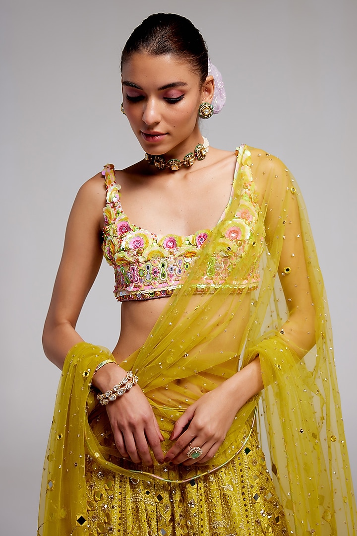 Yellow Georgette Chikankari Embroidered Bridal Lehenga Set by Monika Nidhee at Pernia's Pop Up Shop
