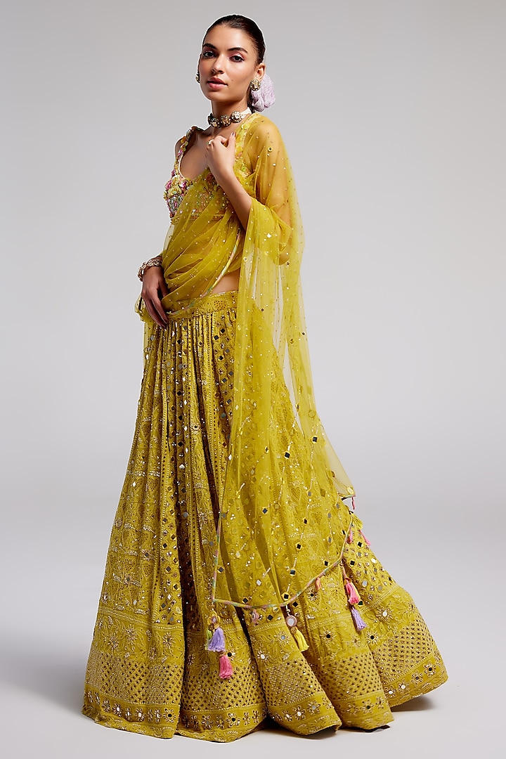 Yellow Georgette Chikankari Embroidered Bridal Lehenga Set by Monika Nidhee at Pernia's Pop Up Shop