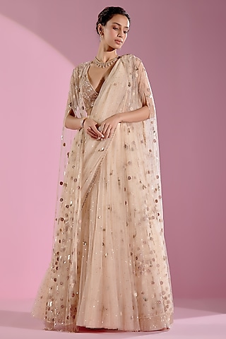 Sunvillea Cream Shimmer Chiffon Embroidered Lehenga Saree Set by Monika Nidhee