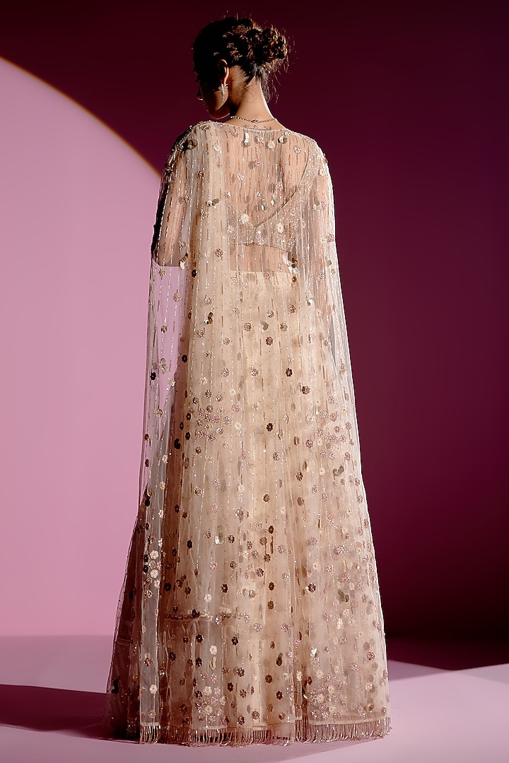 Sunvillea Cream Shimmer Chiffon Embroidered Bridal Lehenga Saree Set by Monika Nidhee at Pernia's Pop Up Shop