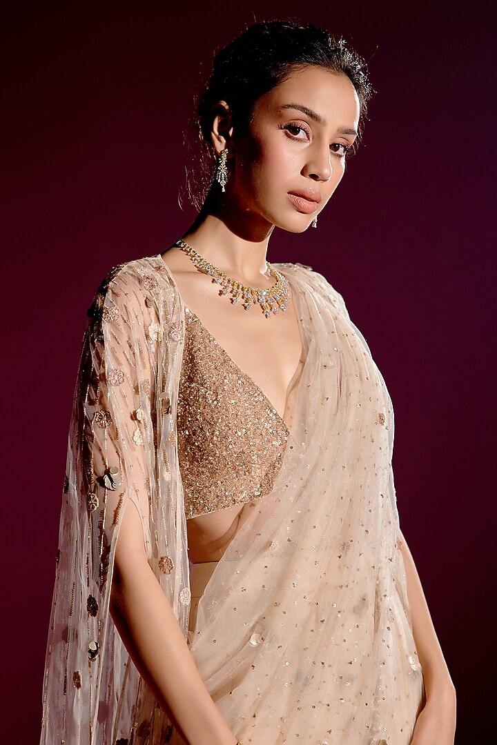 Sunvillea Cream Shimmer Chiffon Embroidered Bridal Lehenga Saree Set by Monika Nidhee at Pernia's Pop Up Shop