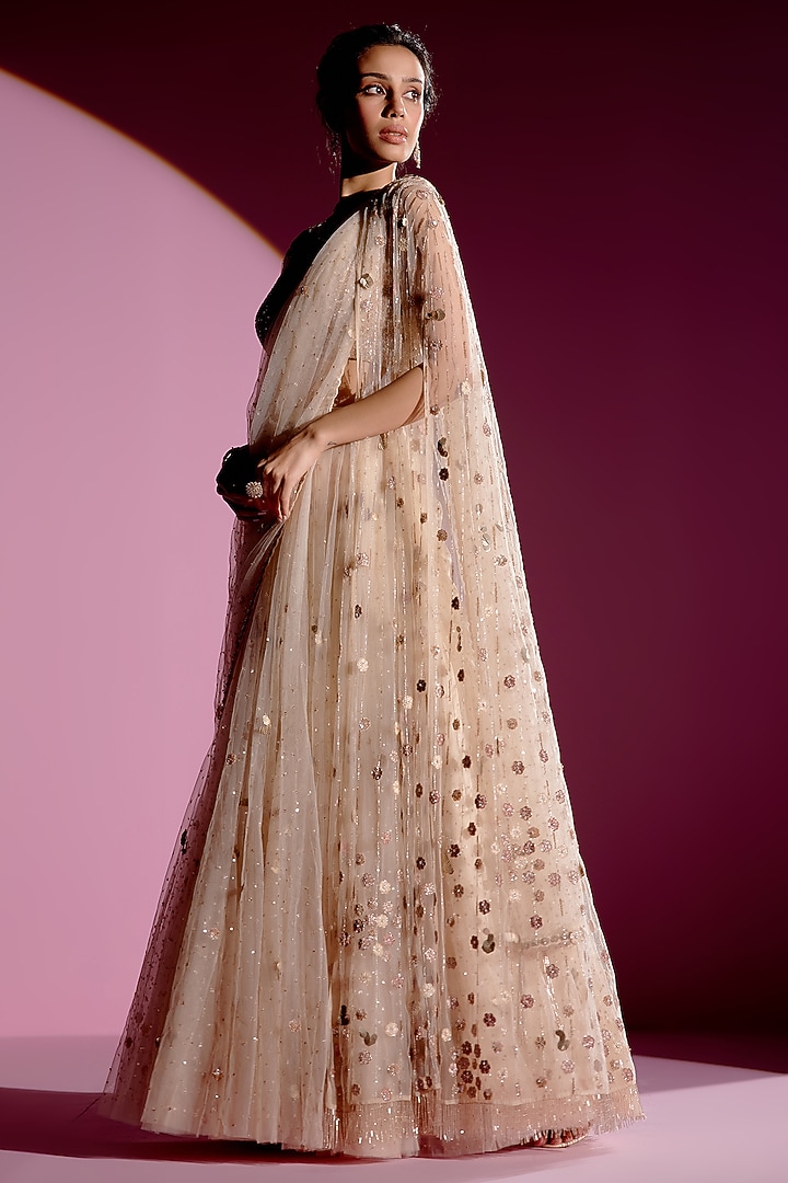 Sunvillea Cream Shimmer Chiffon Embroidered Bridal Lehenga Saree Set by Monika Nidhee at Pernia's Pop Up Shop