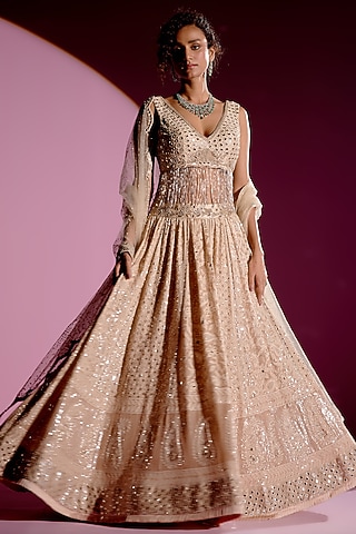 Sunvillea Cream Shimmer Chiffon Chikankari Lehenga Set by Monika Nidhee